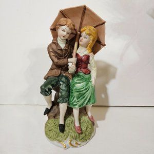 Capodimonte Porcelain Figurine Rainy Day Boy Girl Holding Umbrella